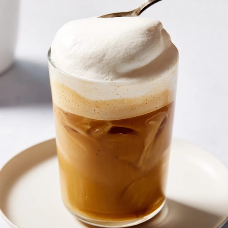 Creamy vanilla-infused Starbucks Cold Foam, a perfect topping for iced beverages, ready to be enjoyed.