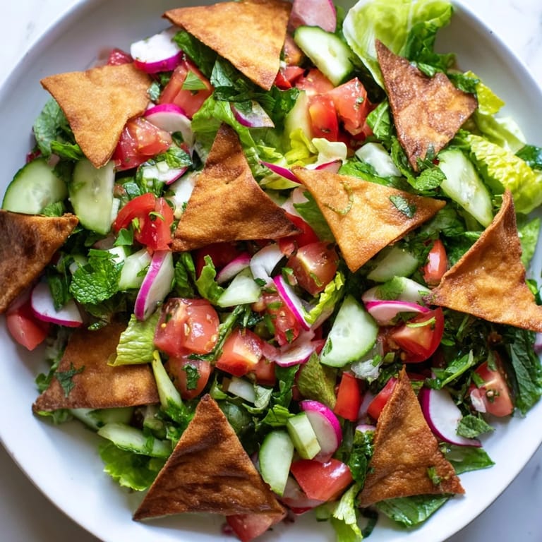 A bowl of refreshing Lebanese fattoush salad, brimming with fresh vegetables and flavorful dressing.