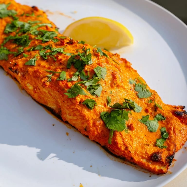 Vibrant red-orange Indian Tikka Salmon, a beautifully cooked, healthy dinner entree.