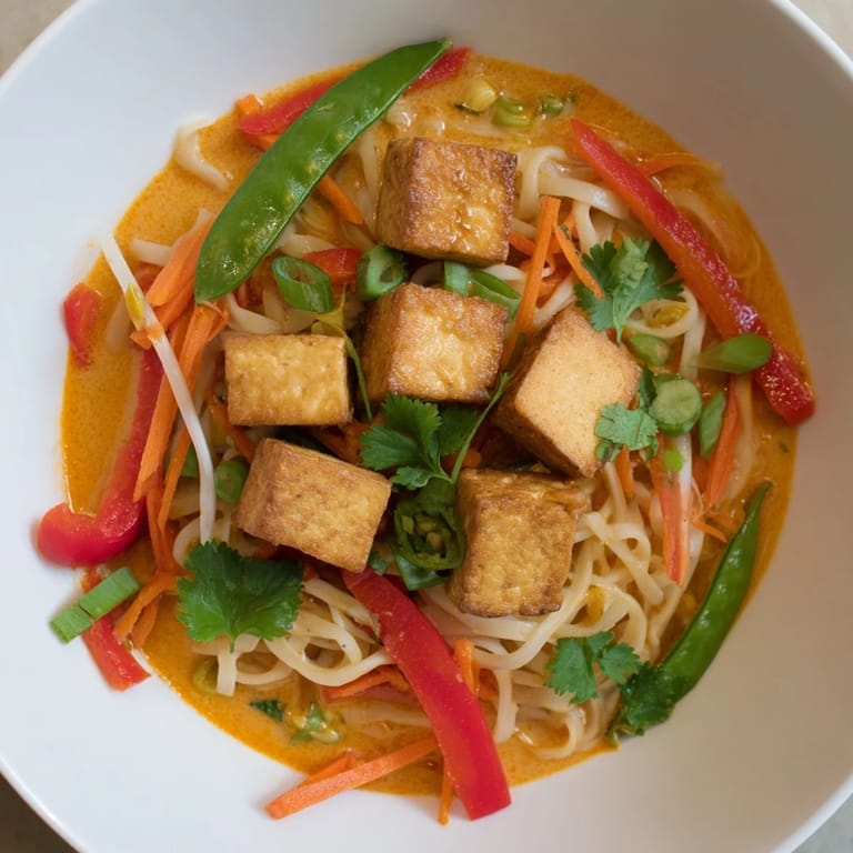 Delicious Malaysian Laksa Curry, a warm comforting bowl showcasing tender tofu, fresh herbs, and savory broth.
