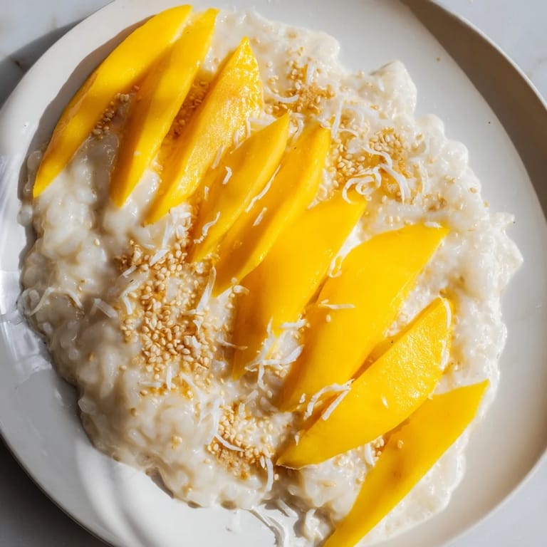 A close-up of glistening Thai mango sticky rice, garnished with sesame seeds, a tropical dessert delight.