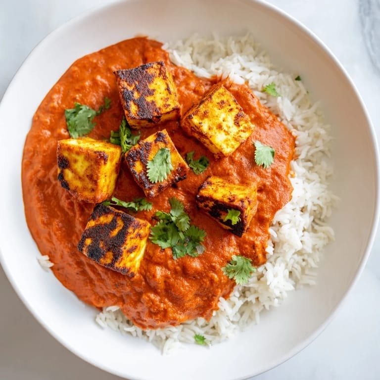 Aromatic paneer tikka masala served with fluffy basmati rice, ready for a delicious Indian meal.