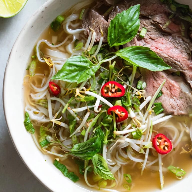Flavorful Vietnamese Pho Express with rice noodles, sliced beef, and garnishes; ready to eat.
