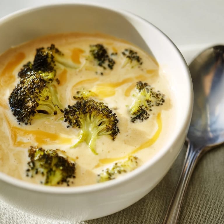 A comforting spoonful of Broccoli Cheddar Soup, rich and cheesy, perfect for a cold evening.