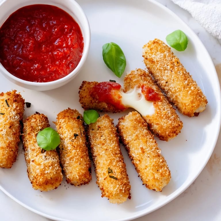 Cheesy pull! Hot air fryer mozzarella sticks, a quick appetizer, ready in minutes for your enjoyment.