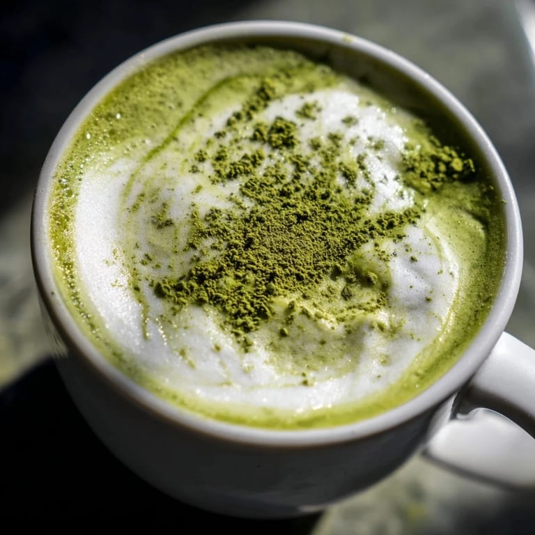 Close-up photo of creamy Matcha Green Tea Latte, a visually appealing Japanese beverage.