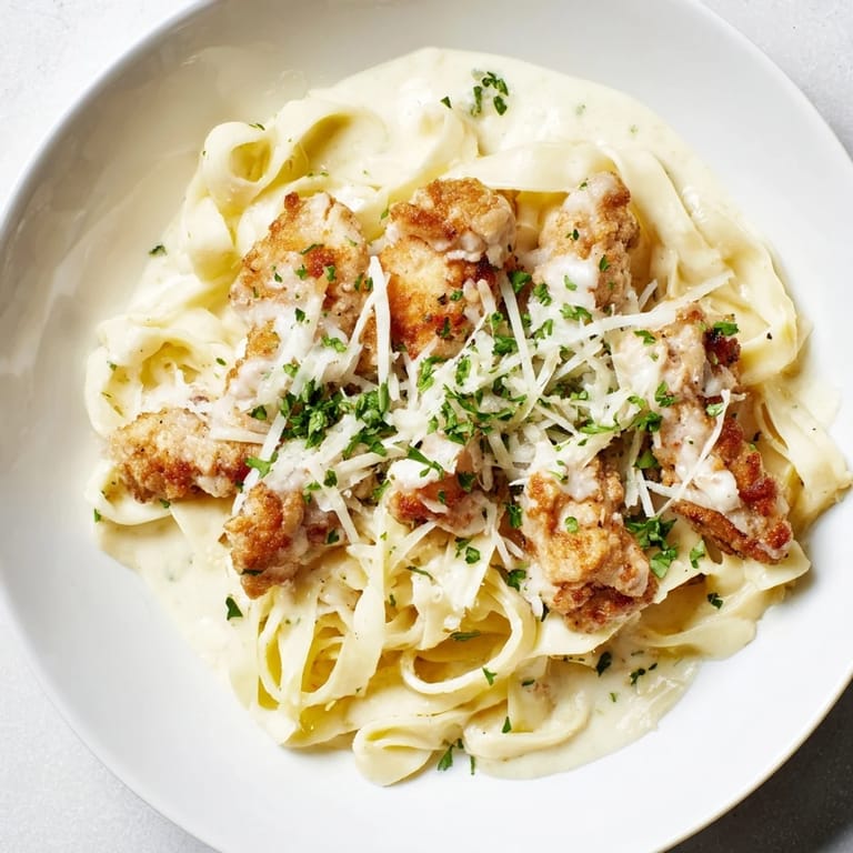 Freshly cooked Skillet Chicken Alfredo: Chicken and pasta cloaked in rich, Parmesan-infused Alfredo sauce.