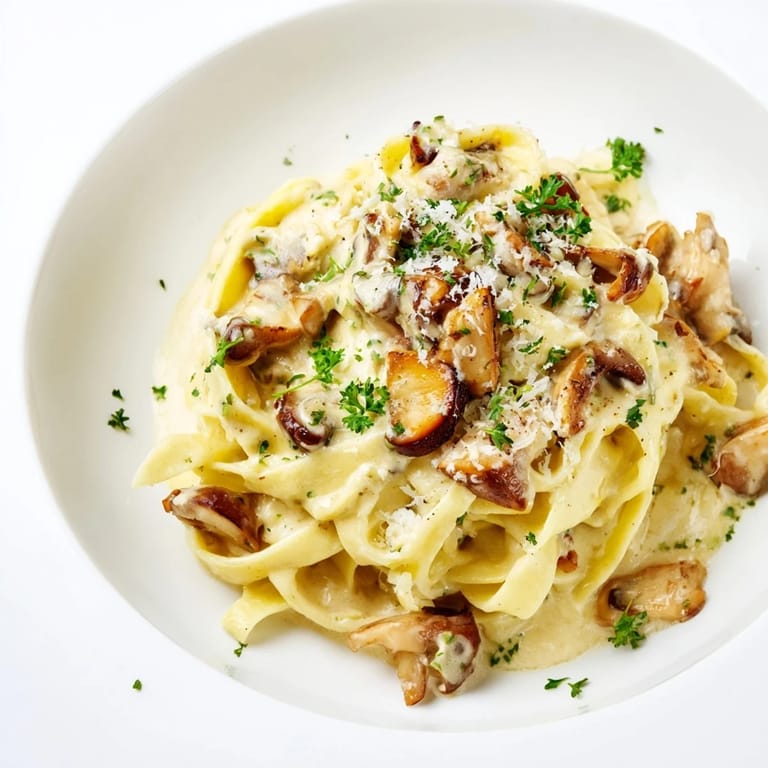 Golden-brown mushrooms and fettuccine pasta coated in luscious Creamy Mushroom Alfredo sauce.