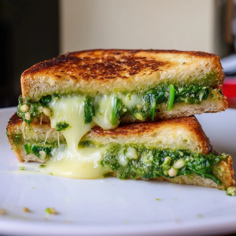 A close-up of a Spinach Pesto Grilled Cheese, showing the delicious, toasted bread and savory filling.