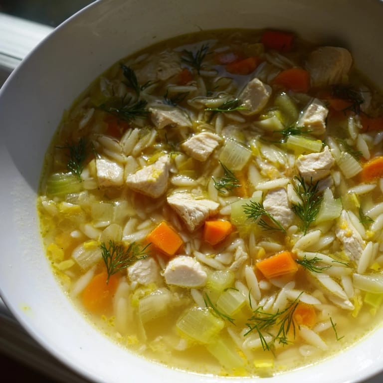 Warm, appetizing Chicken Lemon Orzo Soup with a bright lemon fragrance, ideal for a cozy dinner.