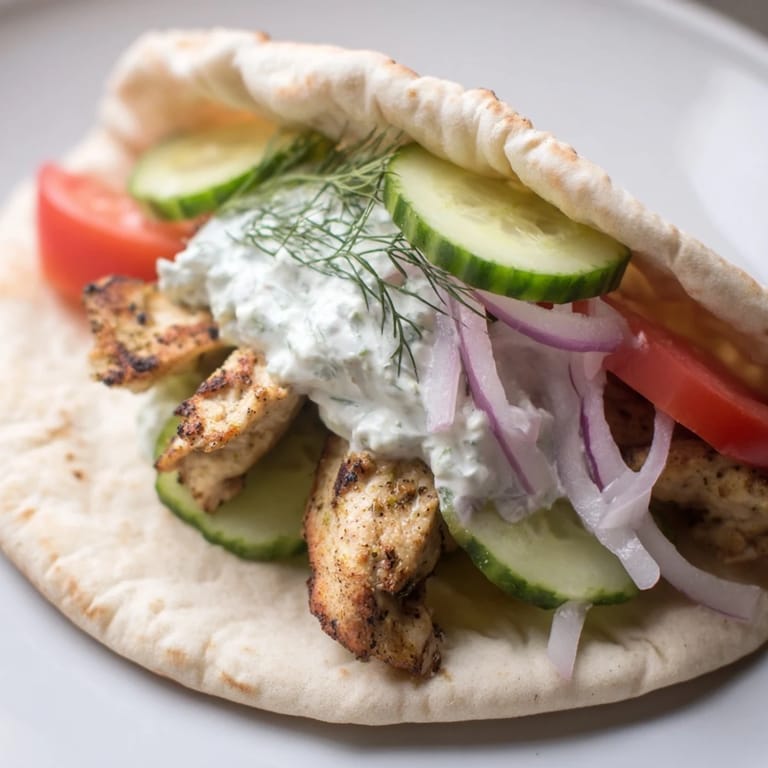 A delicious Greek Chicken Wrap, showing perfectly grilled chicken nestled in a soft pita pocket.