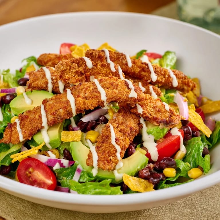 Spicy crispy chicken taco salad with vibrant fresh toppings and creamy salsa ranch dressing.