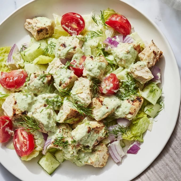 This Avocado Ranch Chicken Salad showcases juicy chicken pieces and a lush, creamy avocado dressing.