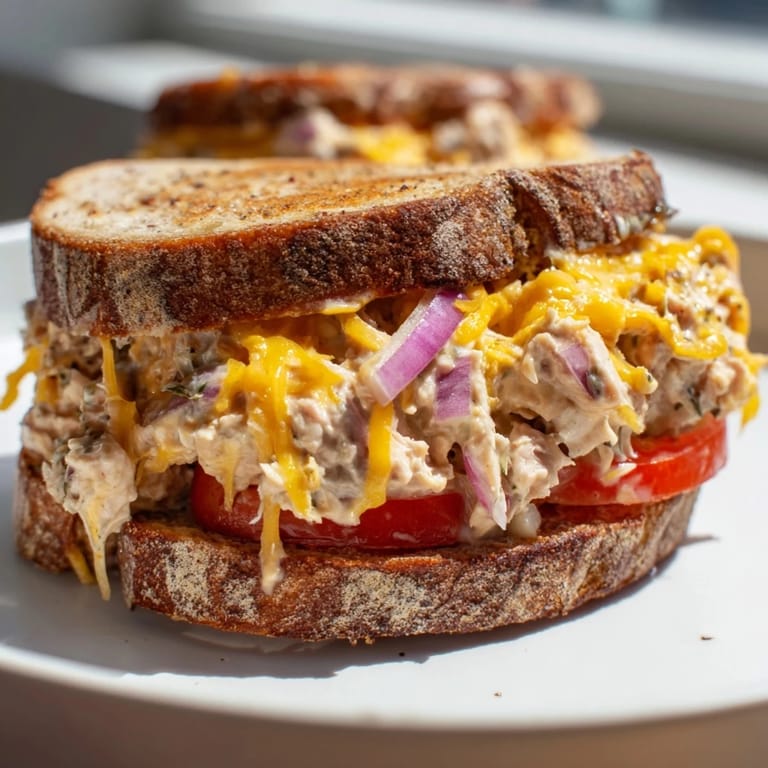 A close-up of a flavorful Spicy Tuna Melt, oozing delicious tuna salad and melted cheese.