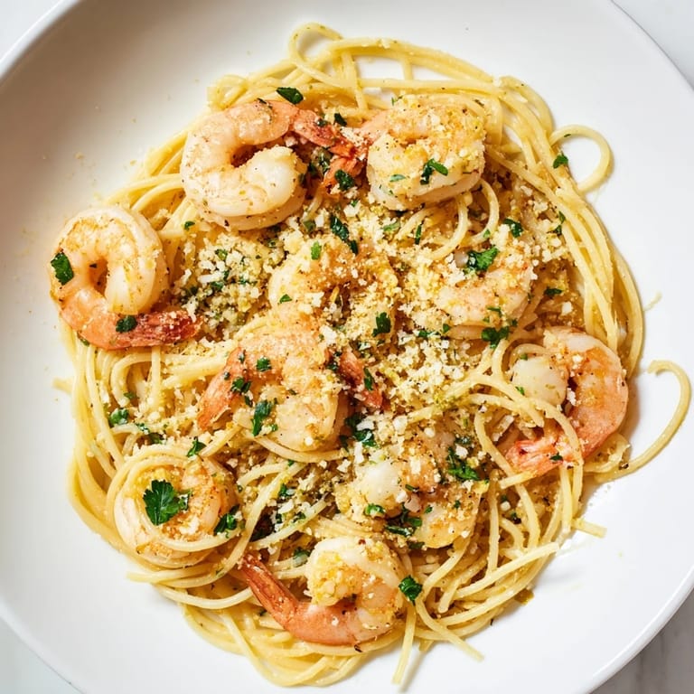 A bowl of delicious Lemon Garlic Shrimp Pasta: shrimp and pasta coated in a rich, buttery lemon sauce.