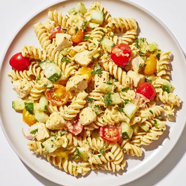 Tender chicken and pasta are tossed in creamy honey mustard, creating a delicious salad.