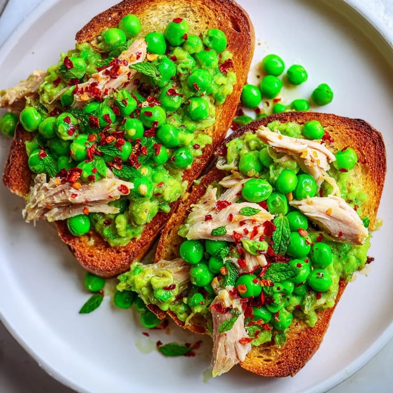 A close-up of appealing Smashed Pea & Chicken Toast, showcasing the vibrant green pea mixture on crispy sourdough.