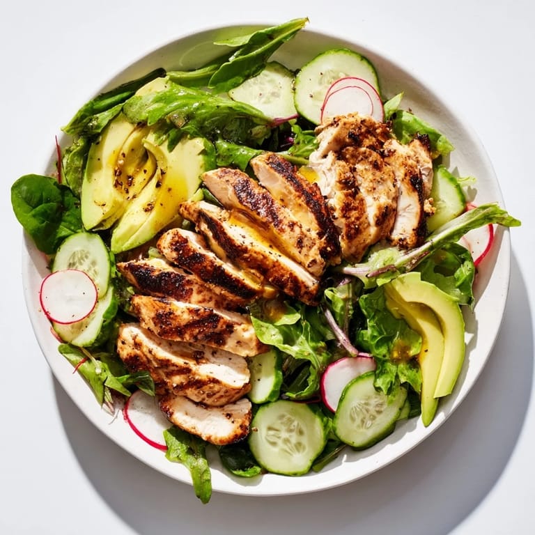 A bright, refreshing bowl of Spring Detox Chicken Salad with zesty lemon vinaigrette dressing and crisp vegetables.