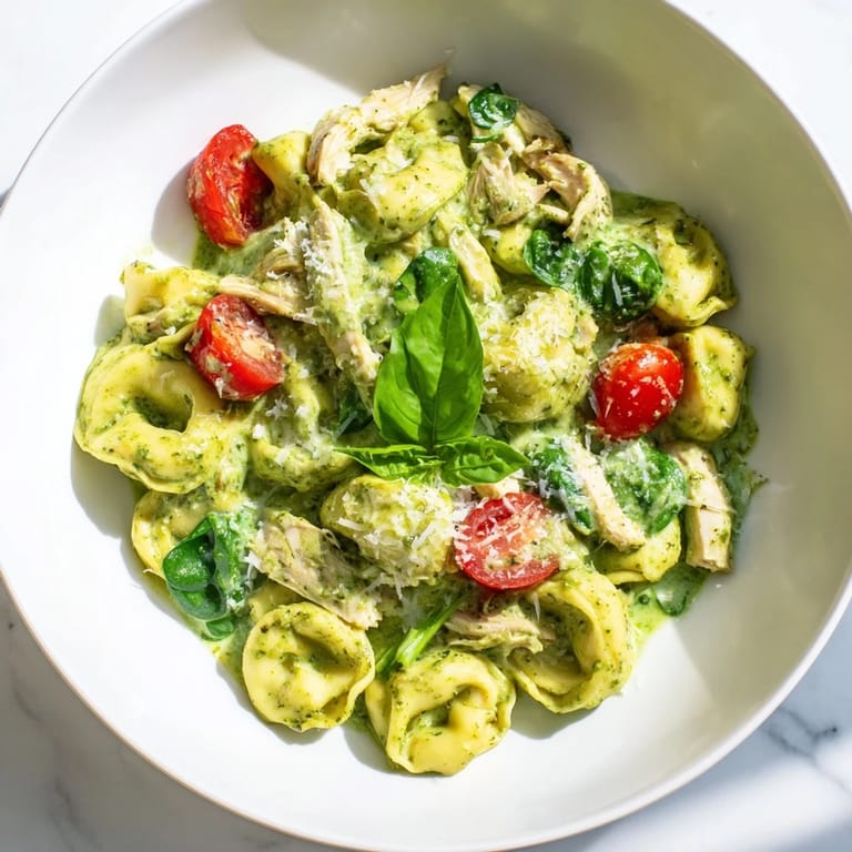 This Creamy Pesto Tortellini Skillet features a hearty blend of chicken and bubbling pesto goodness.
