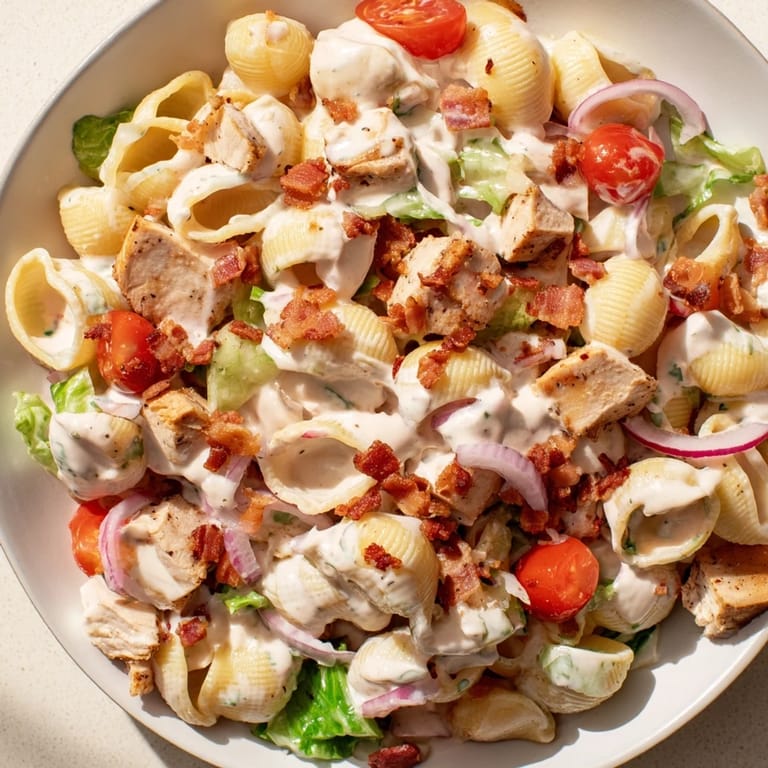 Creamy BLT Chicken Pasta Salad with tender pasta shells, a picnic-perfect recipe in vibrant colors.