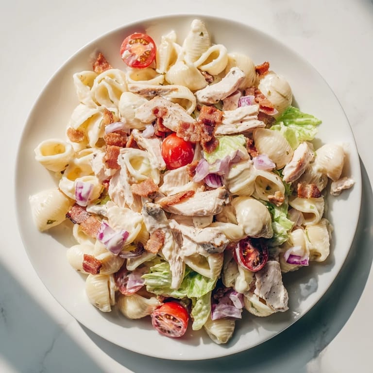 A close-up of delicious BLT Chicken Pasta Salad, showing off the perfectly cooked chicken and bacon.