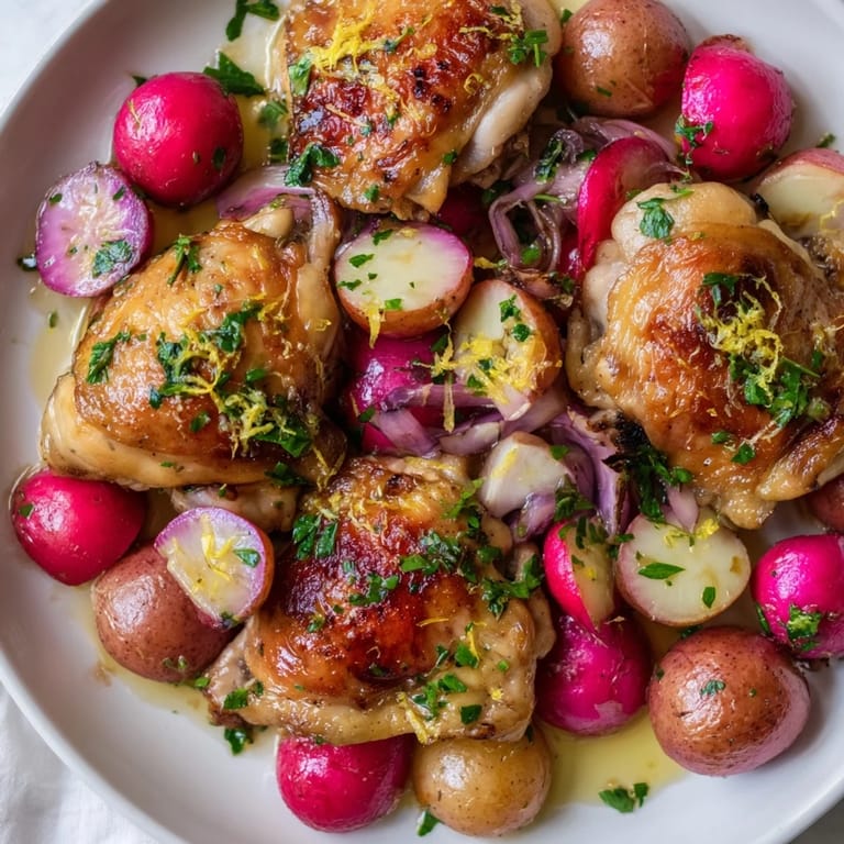 Sizzling, fragrant Roasted Radish & Chicken Sheet Pan, a satisfying gluten-free American meal ready to serve.