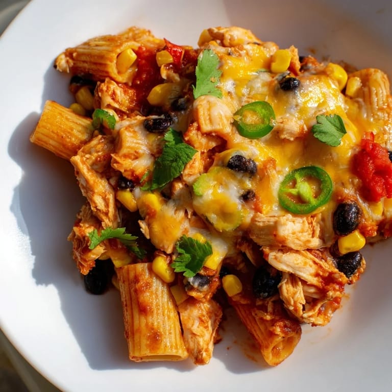 Close-up of a cheesy Chicken Burrito Pasta Bake, revealing tender chicken and savory black beans in a baked dish.