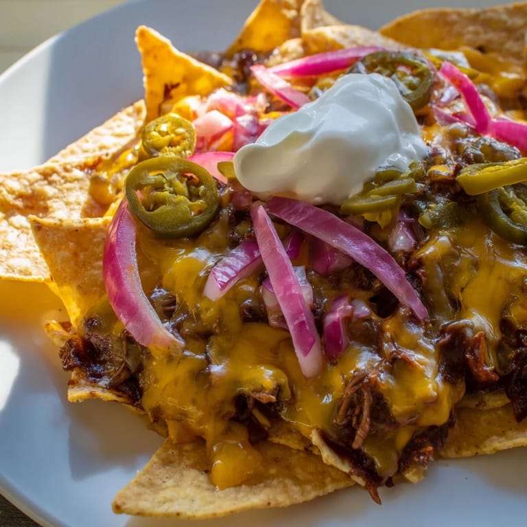 Hearty game day nachos feature smoky beef, Monterey Jack, sour cream, and cilantro on crunchy chips.