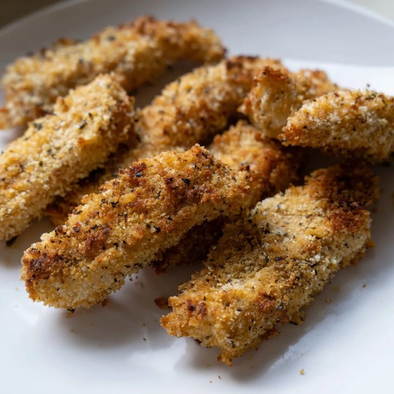 Air fryer chicken strips arranged on a plate with a side salad and sweet potato fries for a balanced meal.