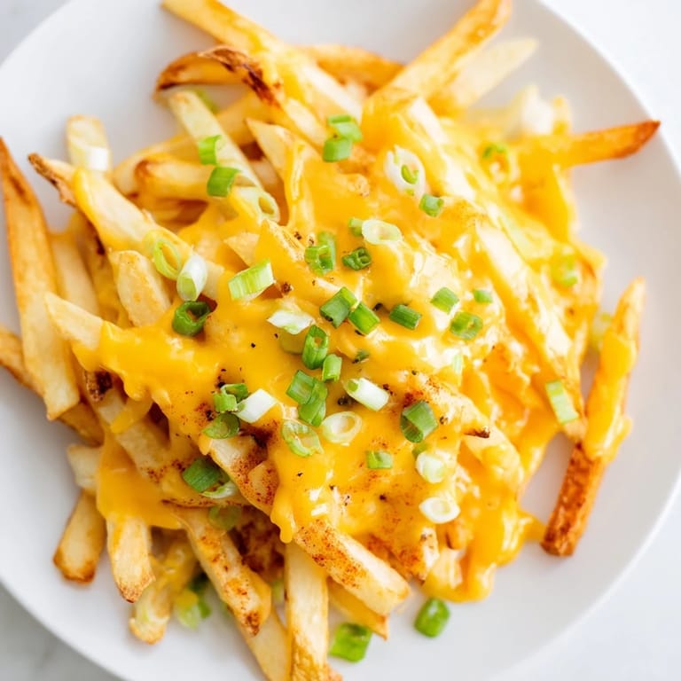 Plate of golden Cheesy BBQ Fries with Ranch Dip, featuring crispy baked fries under melted cheddar, topped with green onions, and creamy homemade ranch dip for dipping.