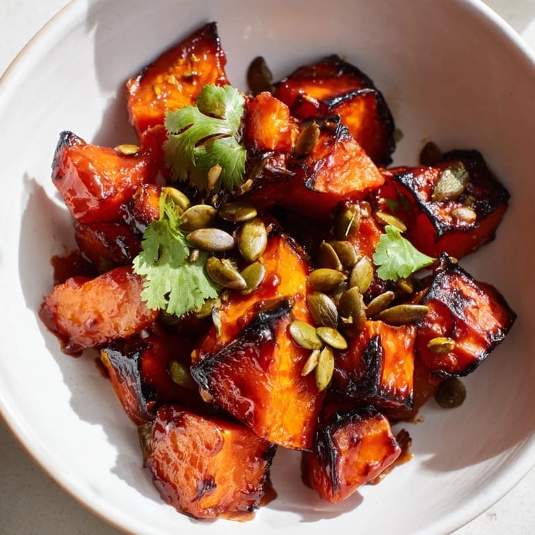 A close-up of the Sweet and Spicy Red Kuri Squash Bowl with tender squash, wilted kale, and a sprinkle of roasted pepitas.