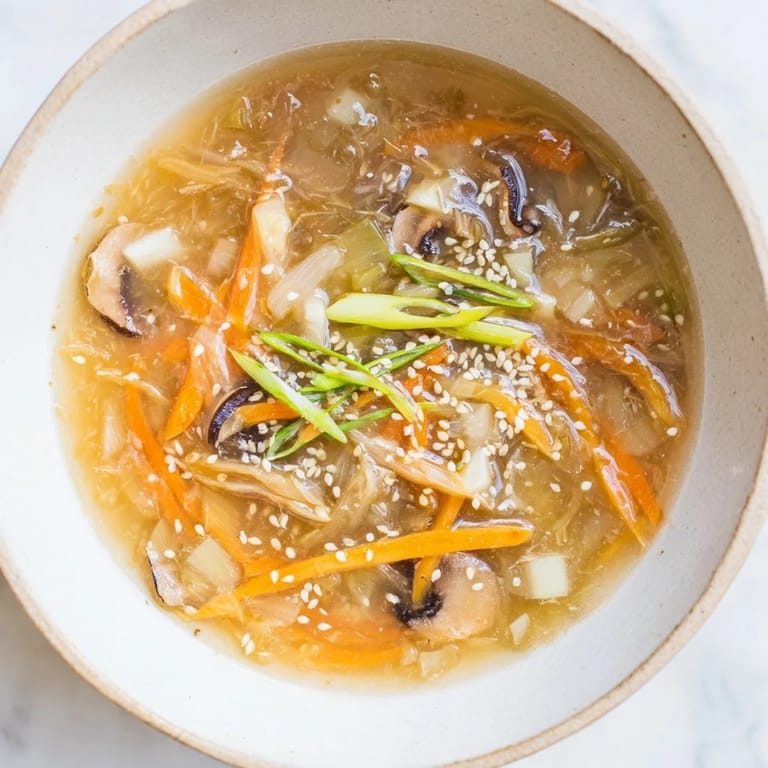 Serving suggestion for Ginger-Miso Winter Soup in a rustic ceramic bowl, topped with fresh cilantro, chili oil drizzle, and vibrant green scallions for added flavor.