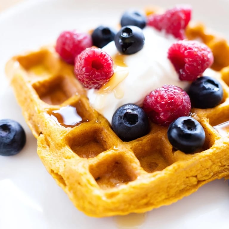 A stack of vibrant yellow Anti-Inflammatory Adaptogenic Turmeric Waffles served with yogurt and maple syrup.
