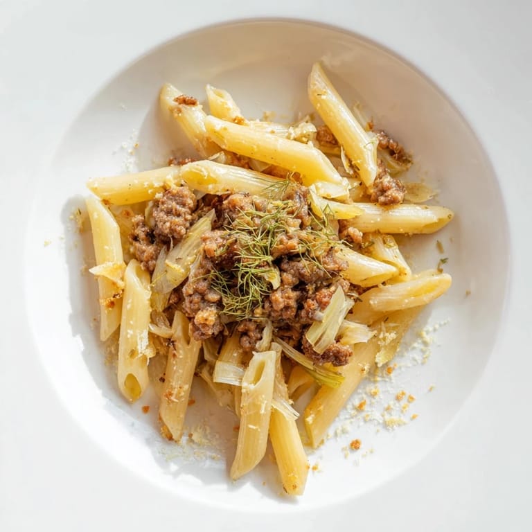 A close-up of a skillet dish featuring Winter Pasta with Sausage and Fennel, showcasing glistening pasta, caramelized fennel, and herbs, ready to serve on a rustic wooden table.