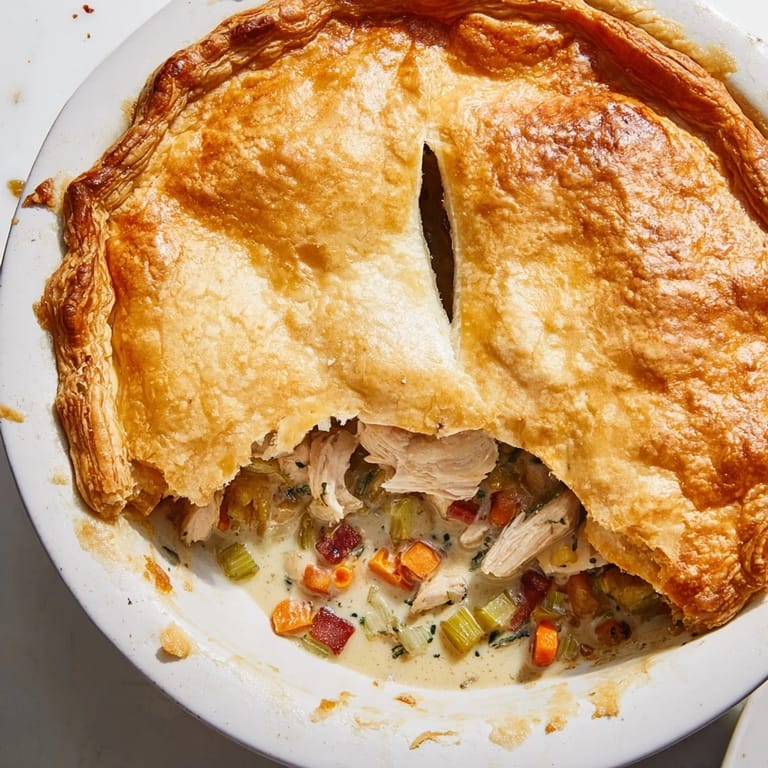 A slice of rustic Chicken and Leek Pie served warm beside buttered peas, ready for a cozy meal.