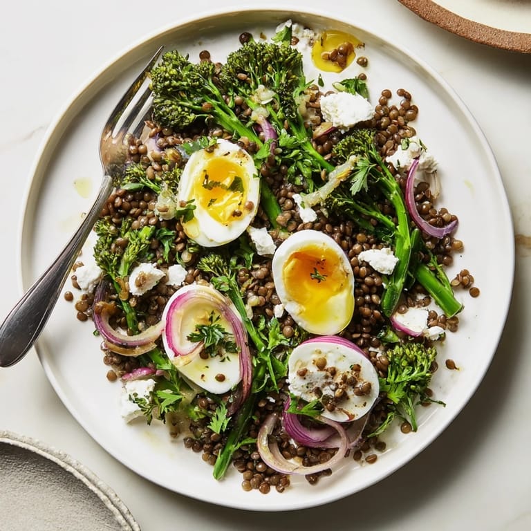 Nutrient-rich French lentil salad featuring tender lentils, crisp broccolini, and jammy eggs topped with vinaigrette.