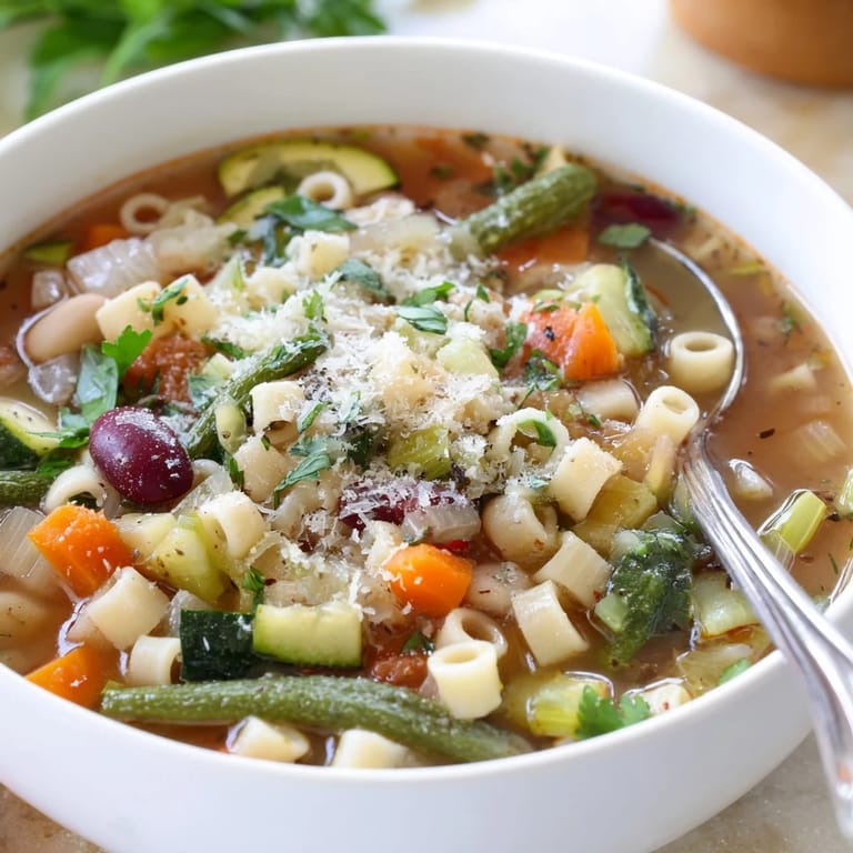 A bowl of classic Minestrone Soup topped with Parmesan and parsley, served with crusty bread for dipping.