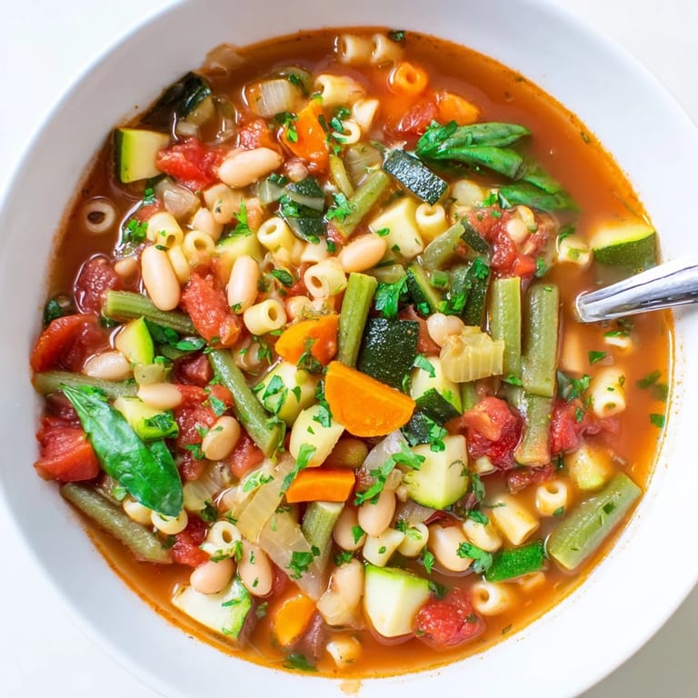 Garnished with fresh parsley and a side of crusty bread, this hearty Italian Minestrone Soup is a comforting, wholesome meal.  