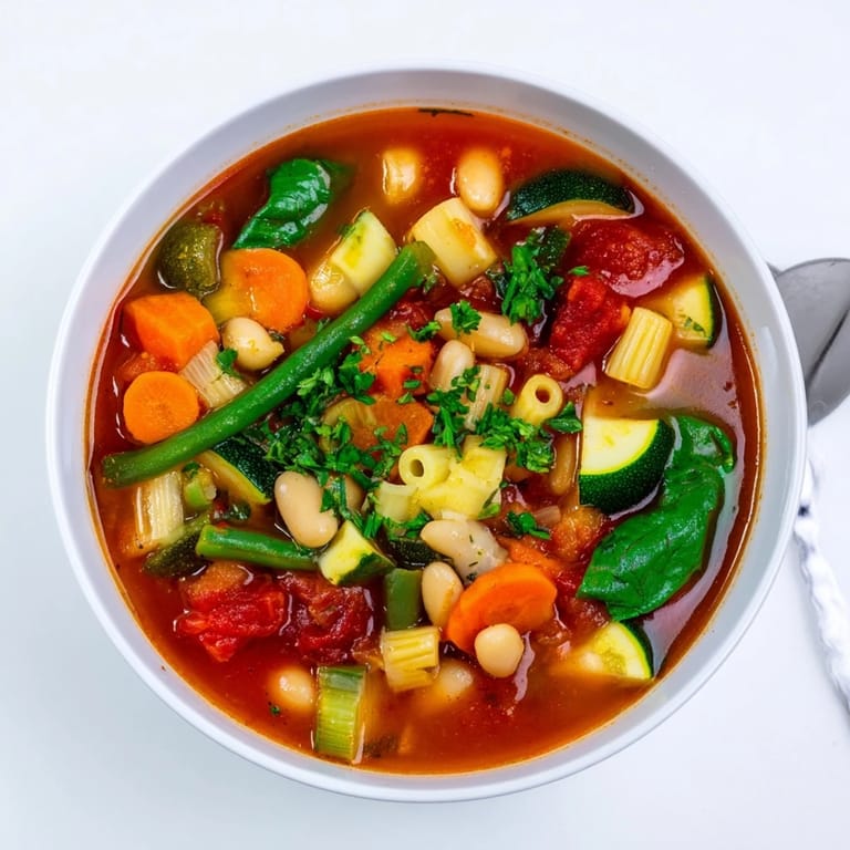 A close-up of Minestrone Soup featuring al dente pasta, diced carrots, zucchini, and white beans in a vibrant, herb-infused broth.