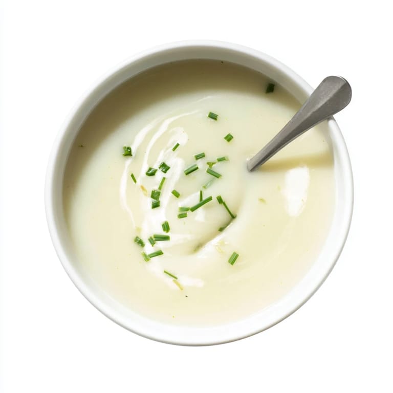 Bowl of velvety potato leek soup topped with chopped chives, served alongside crusty bread for a hearty vegetarian lunch or dinner.