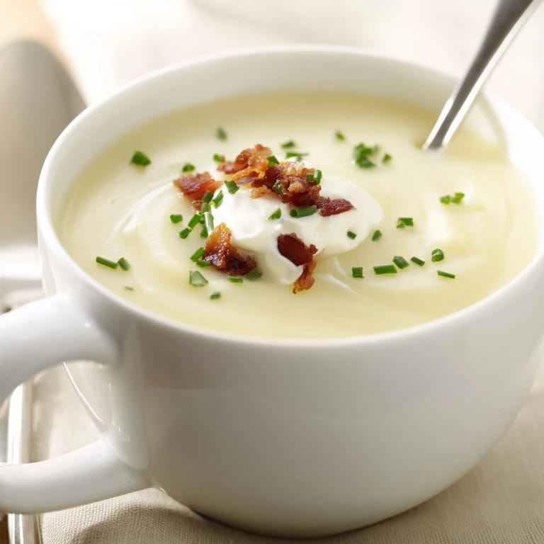 Velvety Cream of Potato Soup in a rustic bowl, topped with shredded cheddar cheese.