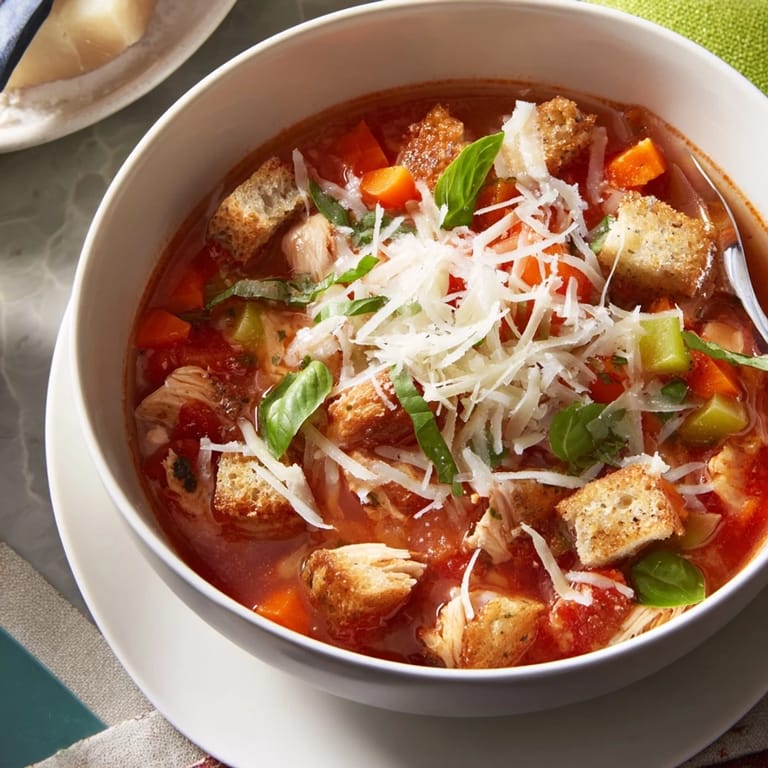 A hearty spoonful of Grilled Chicken Parmesan Soup with grilled chicken, diced vegetables, and garlic croutons.