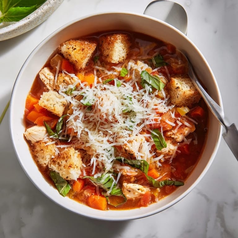 Close-up of Grilled Chicken Parmesan Soup featuring creamy melted cheese and a swirl of olive oil.
