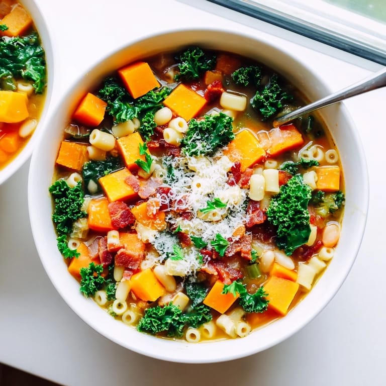 Hearty Fall Minestrone served in a rustic bowl, topped with fresh parsley and melted Parmesan cheese.