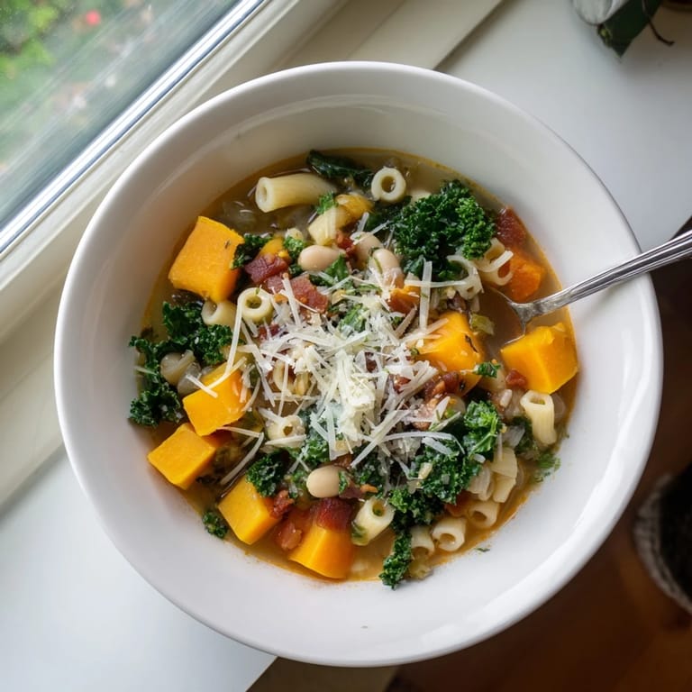 Close-up of Fall Minestrone featuring creamy white beans, ditalini pasta, and savory Italian herbs.  