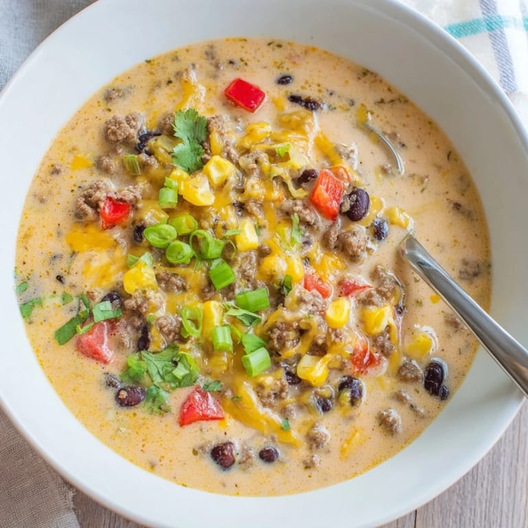 A hearty ladle of Creamy Taco Soup reveals ground beef, black beans, and corn in a rich, golden broth.  