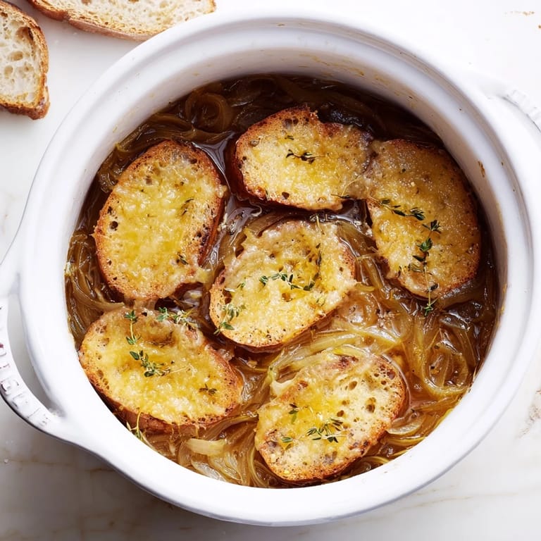 Melted Gruyère cheese stretches from a spoonful of savory French onion soup, bubbling over crispy bread and deep caramelized onions.