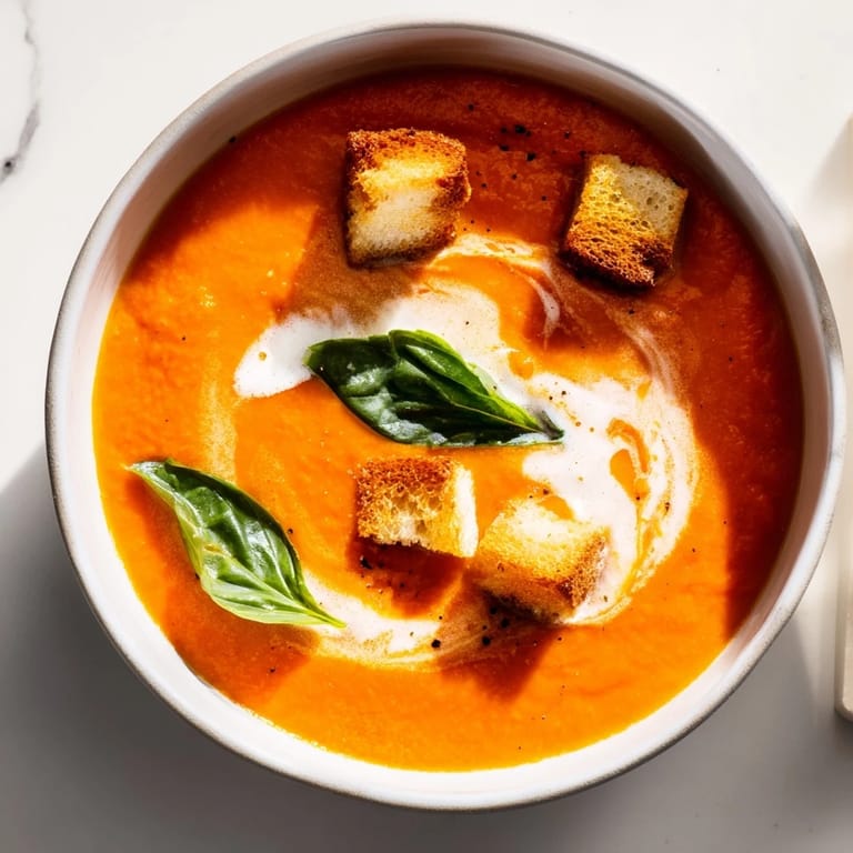 Golden roasted tomatoes and caramelized onions blend into a velvety, creamy roasted tomato soup topped with fresh basil garnish.