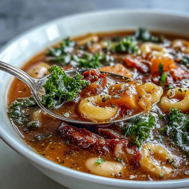 Close-up of Winter Minestrone Soup with colorful vegetables and beans, served alongside a slice of crusty bread for dipping.  