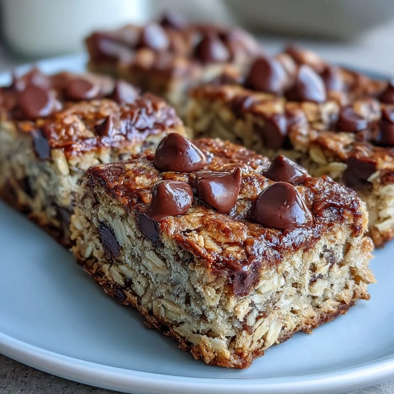 These wholesome baked oatmeal bars, some with a drizzle of almond butter, sit stacked on a rustic wooden board.